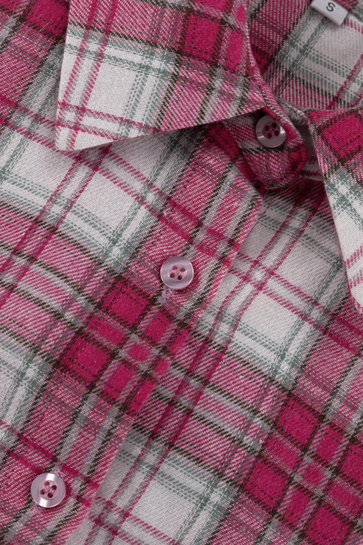 Pink Plaid Loose Fit Button-Up Blouse