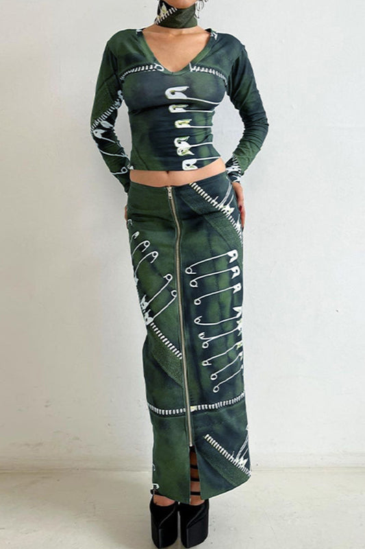 Vintage Metal Lock Print Long Sleeve Top Bodycon Skirt Two Pieces Set