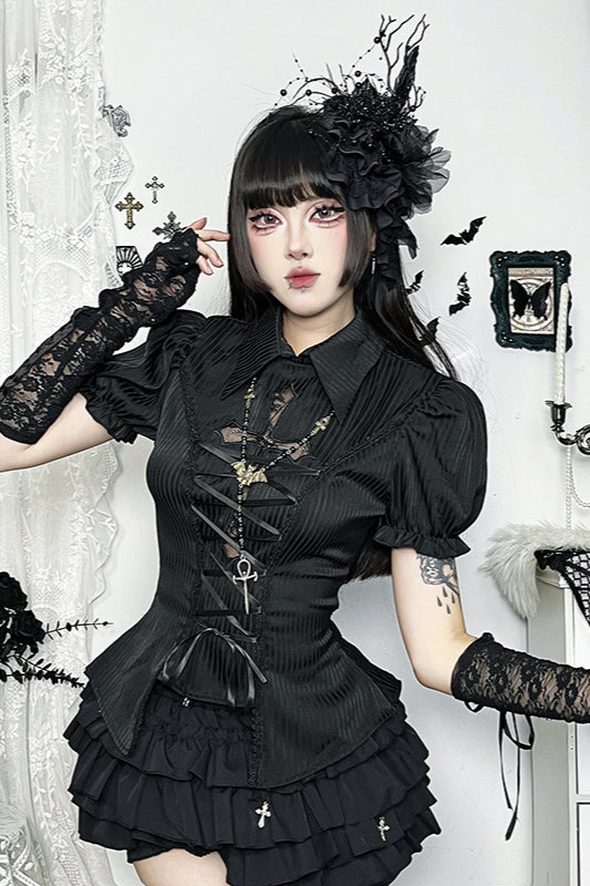 Cross Cutout Puff Sleeve Blouse