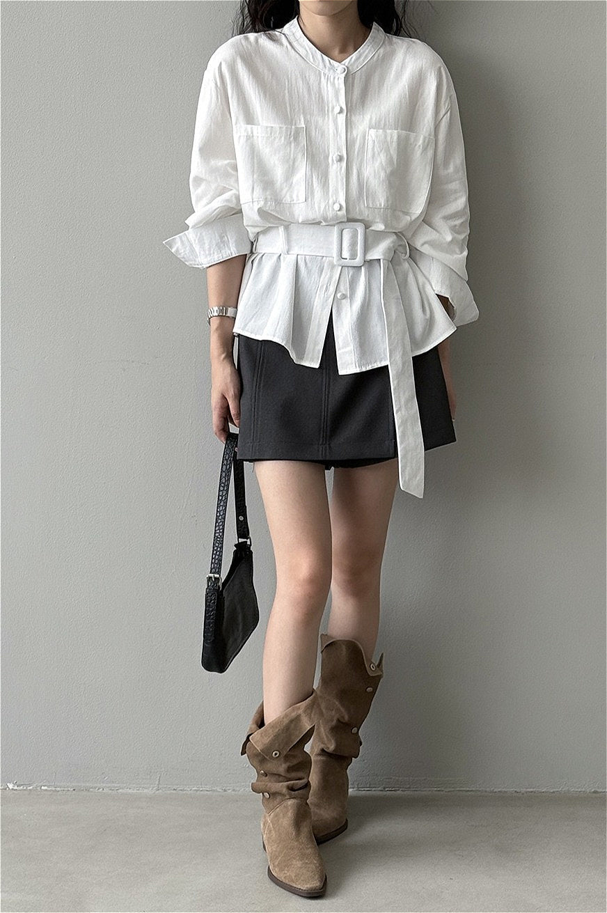 Vintage Waist Cinched Belted Long Sleeve Blouse