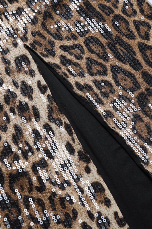 Leopard Sequin High-Slit Bodycon Skirt