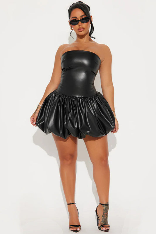 Off Shoulder PU Panel High Waist Mini Dress