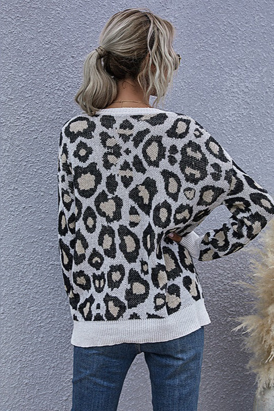 Knit Leopard V-Neck Casual Sweater