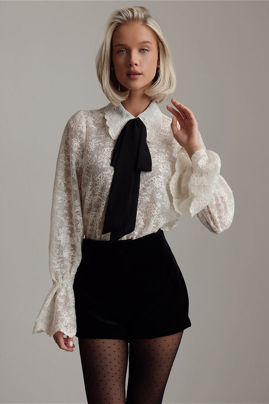 Vintage Lace Bow Tie Bell Sleeve Blouse