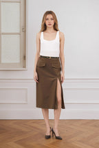 High Waist Split A-Line Midi Skirt