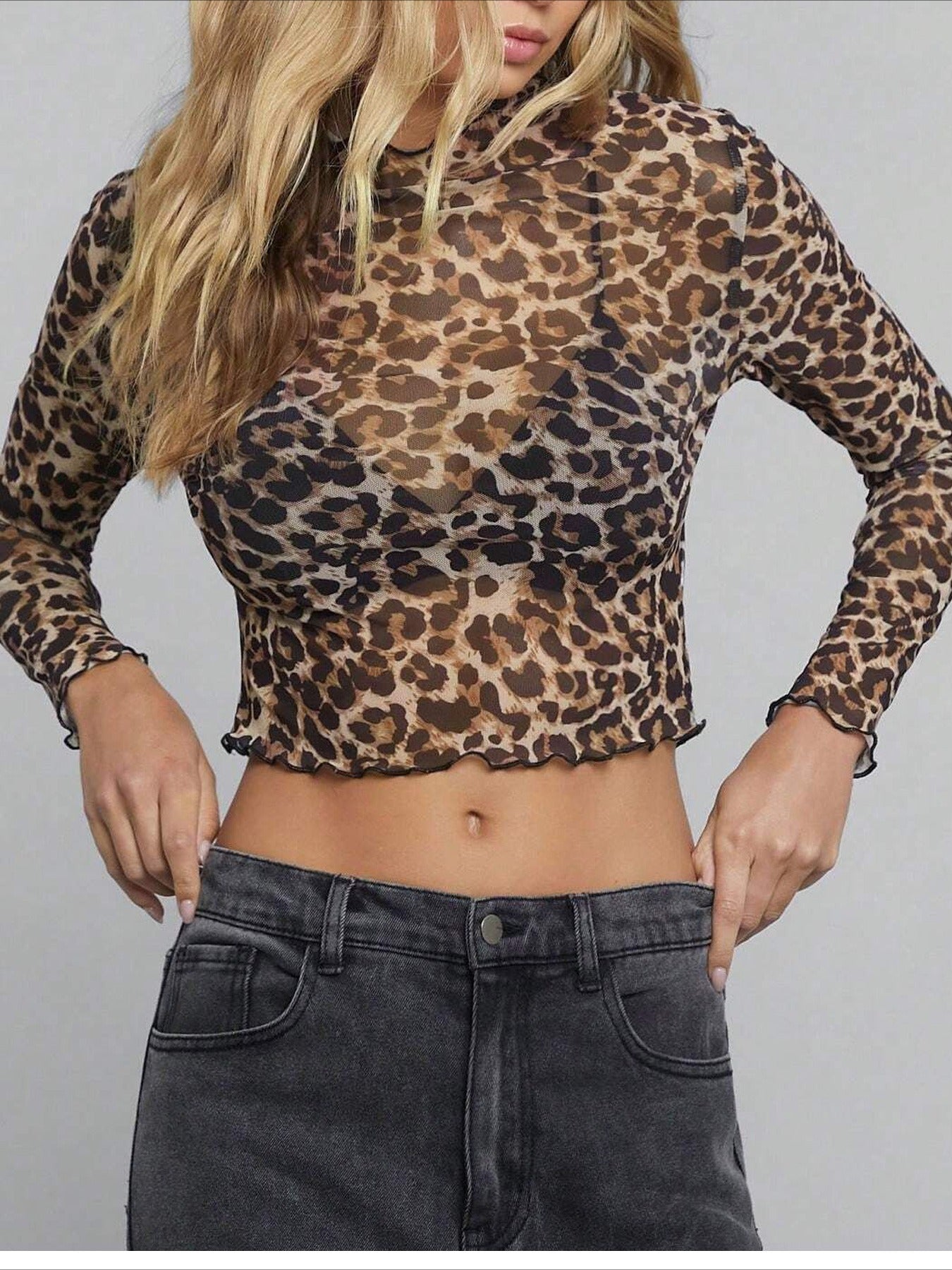 Mesh Leopard Mock Neck Crop Top