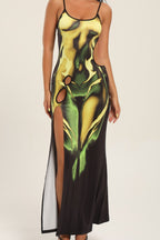 Sexy Hollow Slit Flame Print Bodycon Maxi Dress
