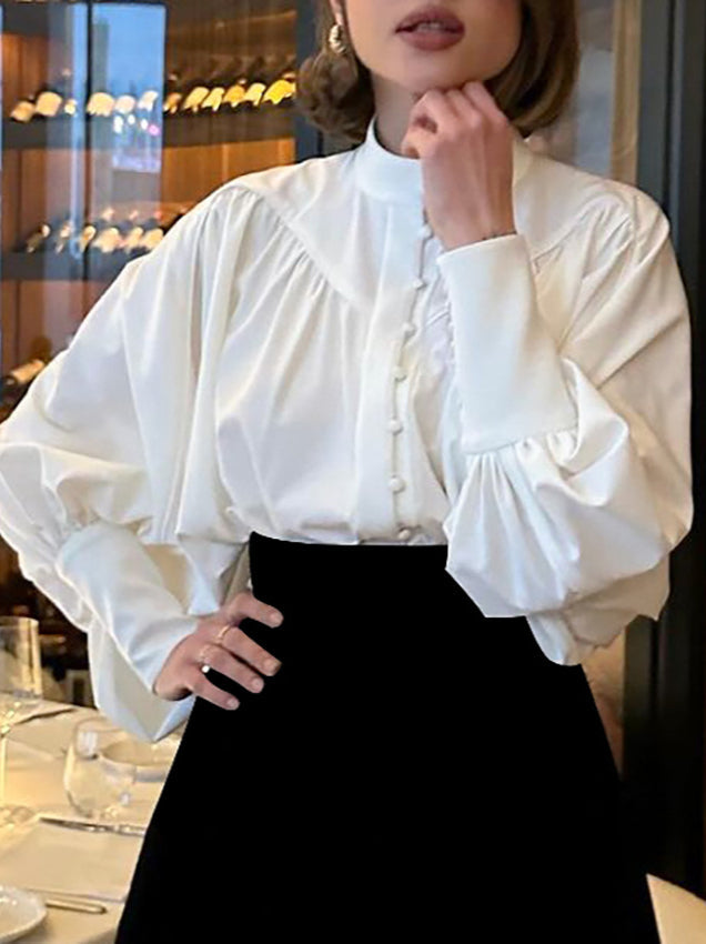 Puff Sleeve Stand Collar White Blouse