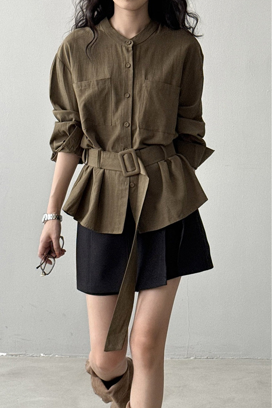 Vintage Waist Cinched Belted Long Sleeve Blouse