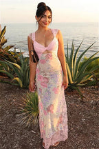 Flower Print Lace Trim Backless Floral Dress