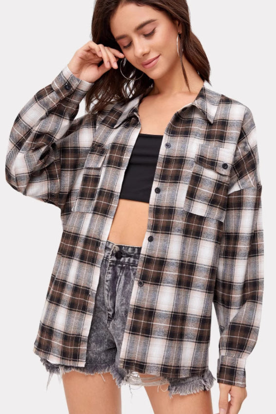 Plaid Stand Collar Button Shirt  Blouse