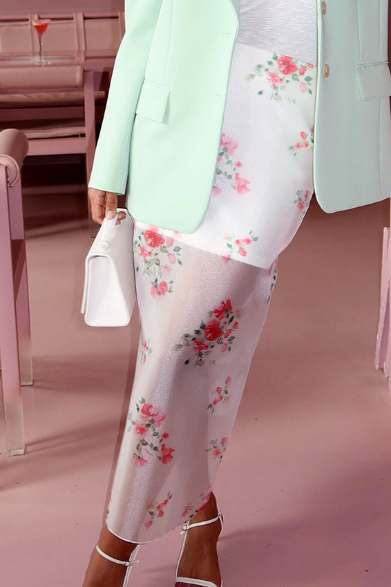 Floral Sheer High Waist Slit Straight Skirt