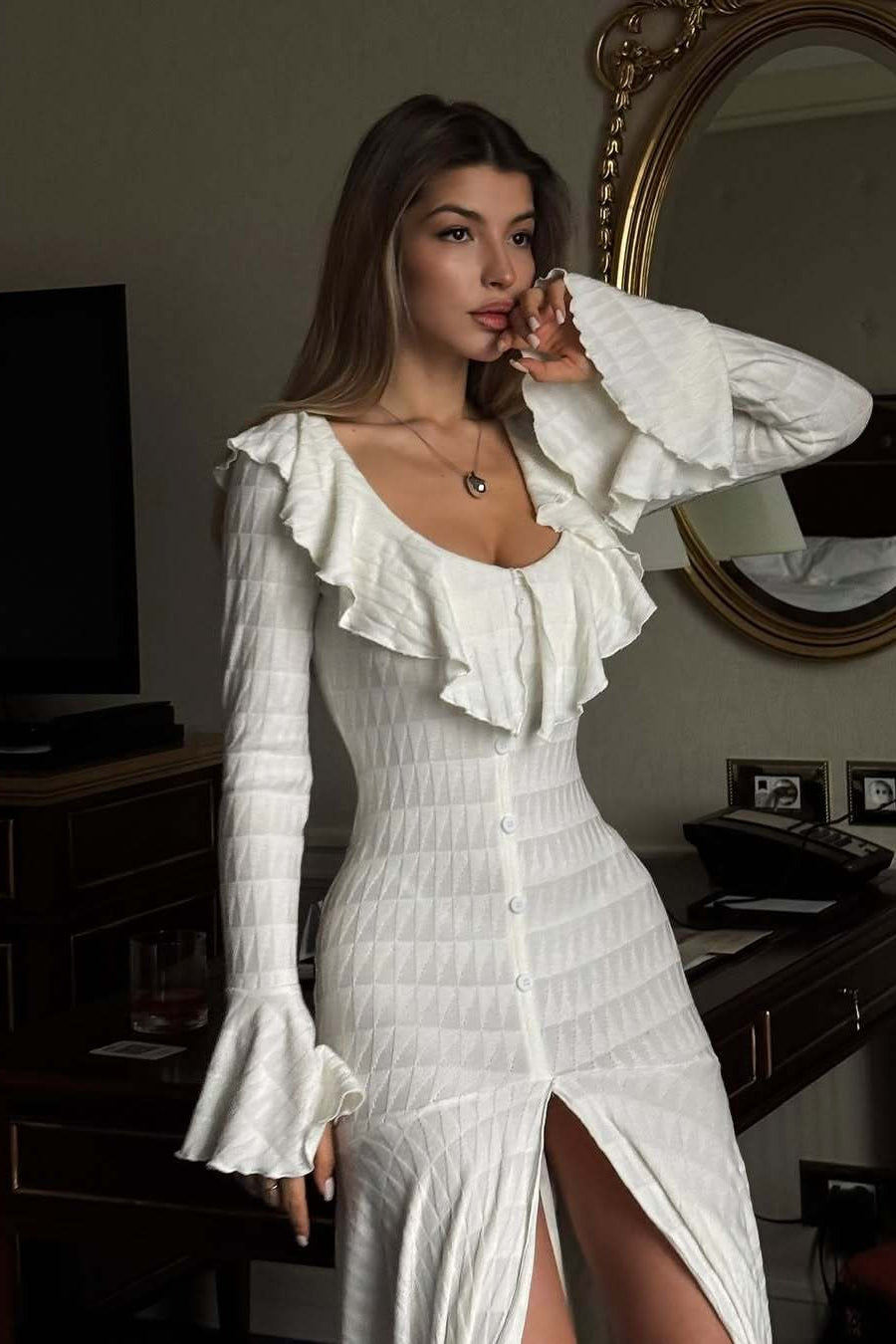 White Ruffle Hem Fishtail Boho Dress