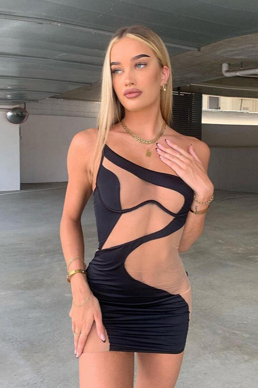 One Shoulder Sheer Mesh Mini Dress