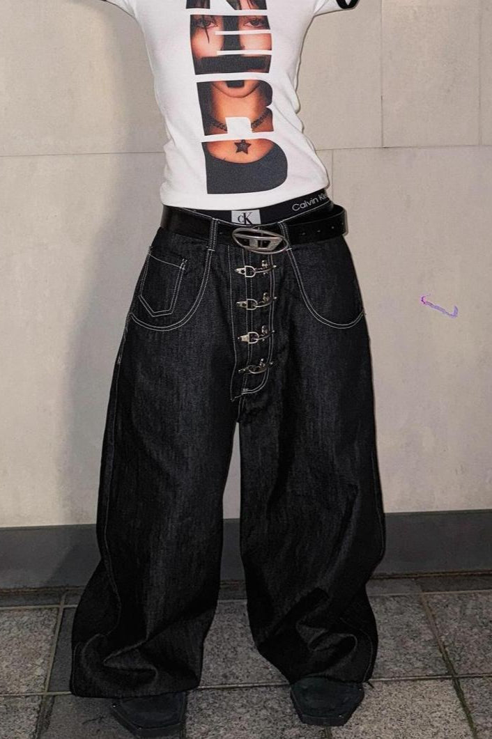 Washed Button Fly Wide Leg Jeans