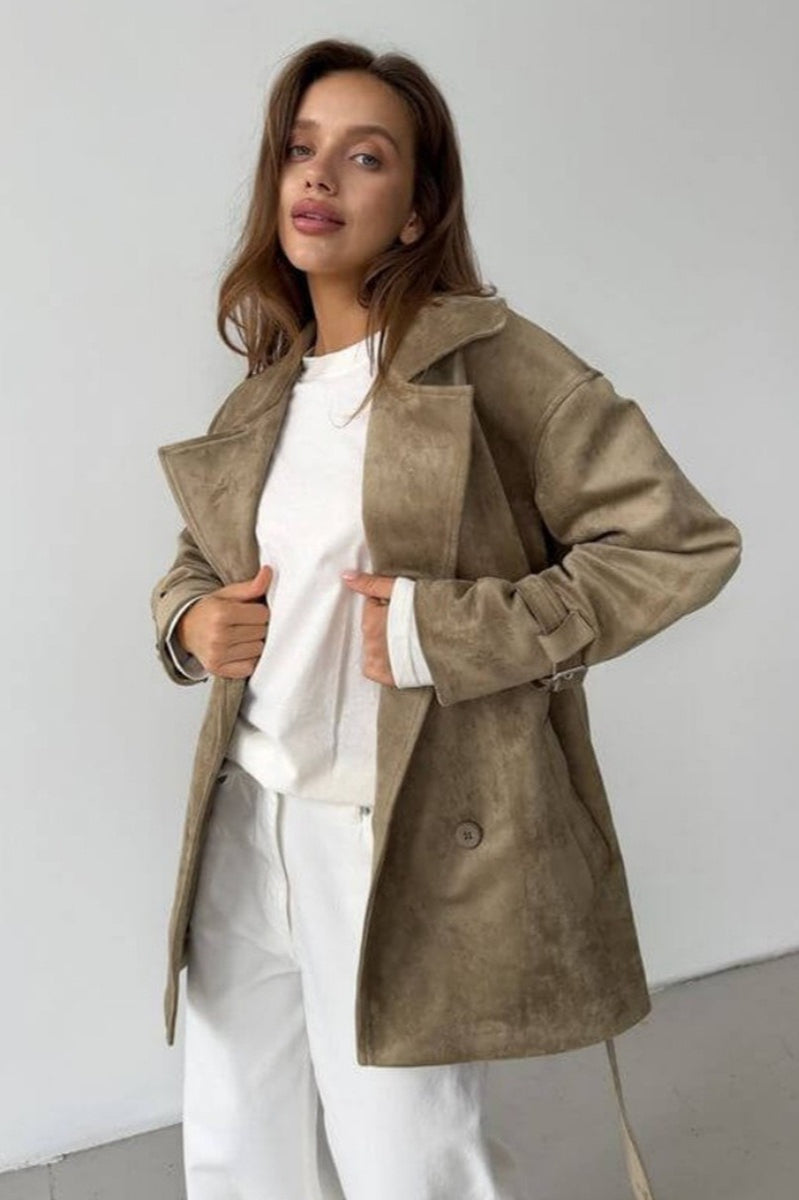 Vintage Suede Lapel Tie Waist Jacket Coat