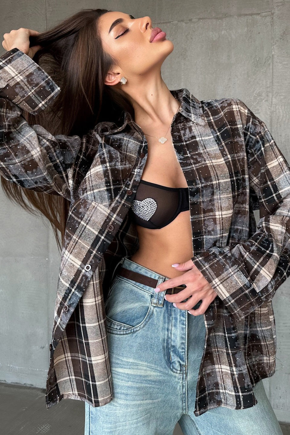 Rhinestone Embellished Plaid Blouse