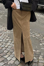 Vintage Suede Brown High Waist Split Midi Skirt
