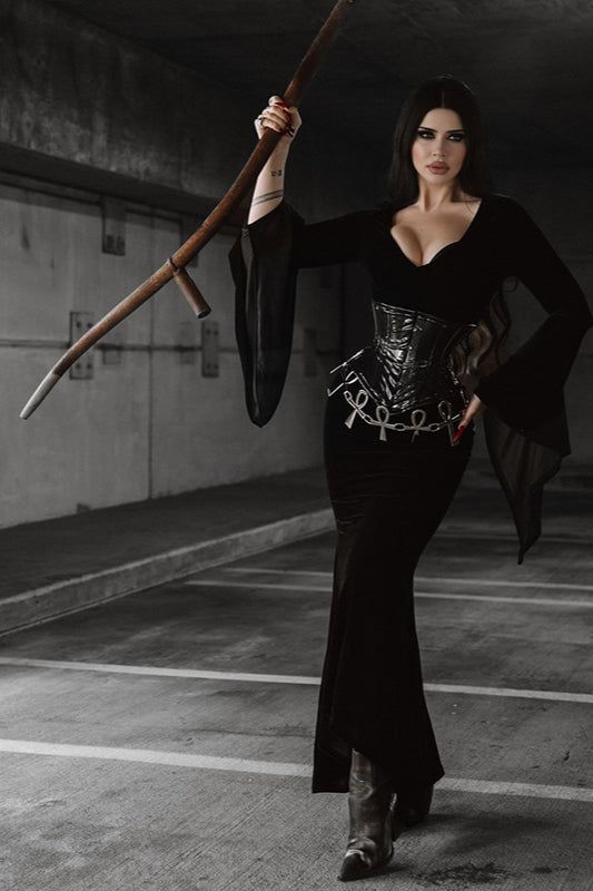 Velvet Gothic V-Neck Bell Sleeve Maxi Dress