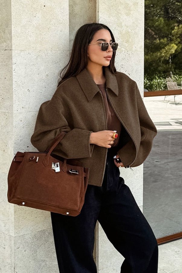 Wool Blend Cropped Casual Jacket