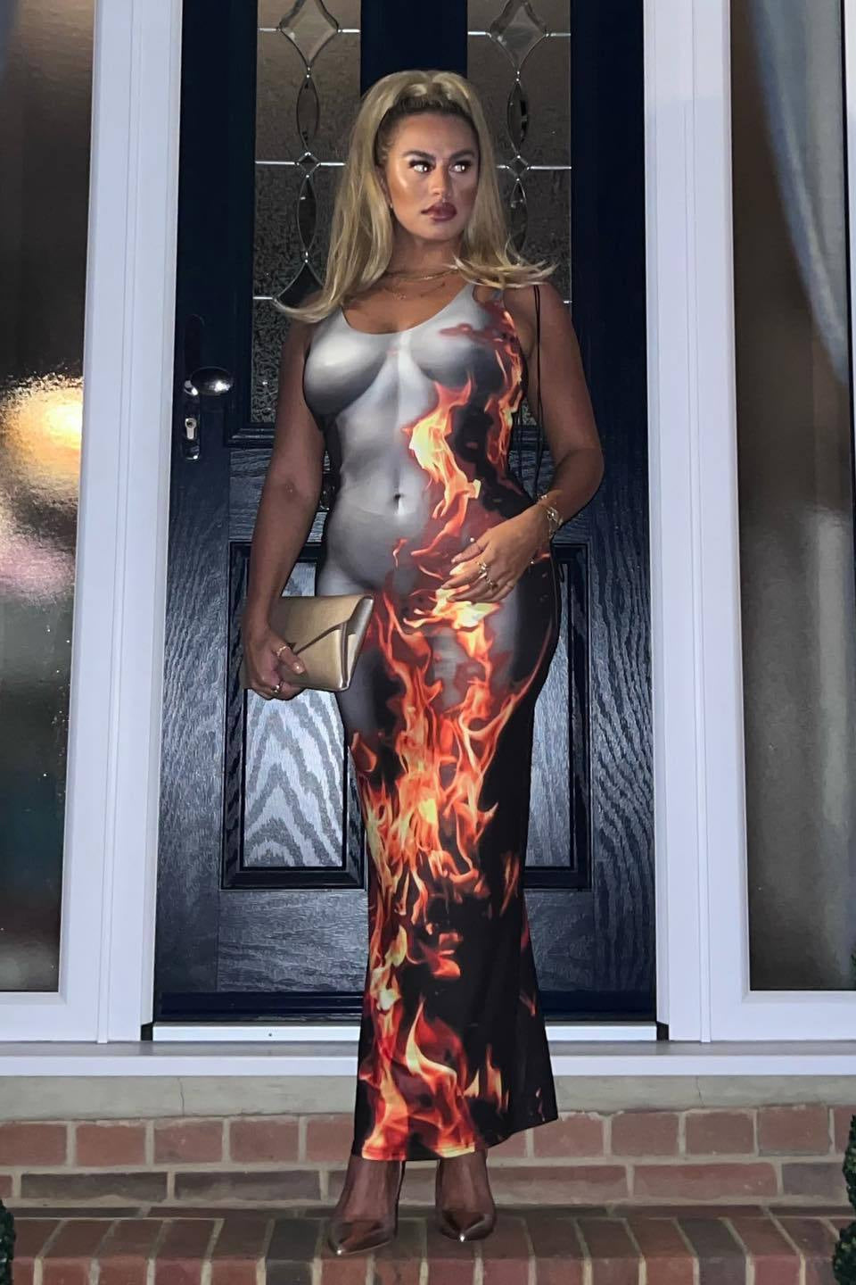 Trendy Flame Print Strap Bodycon Maxi Dress