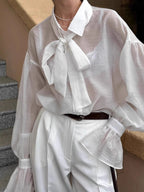 White Tencel Loose Bow Tie Bell Sleeve Blouse