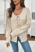 Tie-Front Round Neck Solid Color Knit Cardigan
