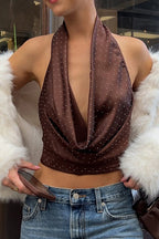 Polka Dot Color Block Backless Halter Crop Top