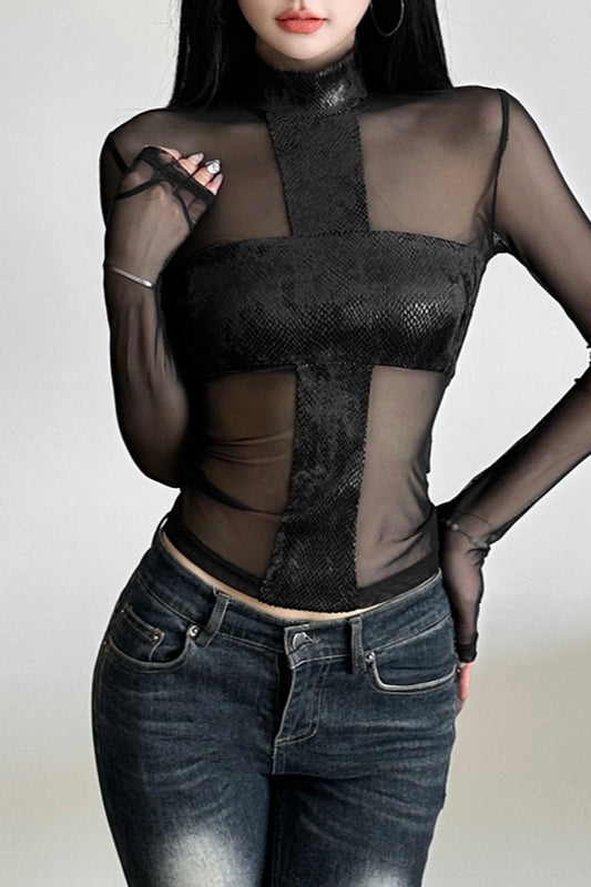 Sheer Mesh Crew Neck Knit Top