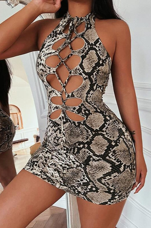 Lace Up Snake Print Bodycon Mini Dress