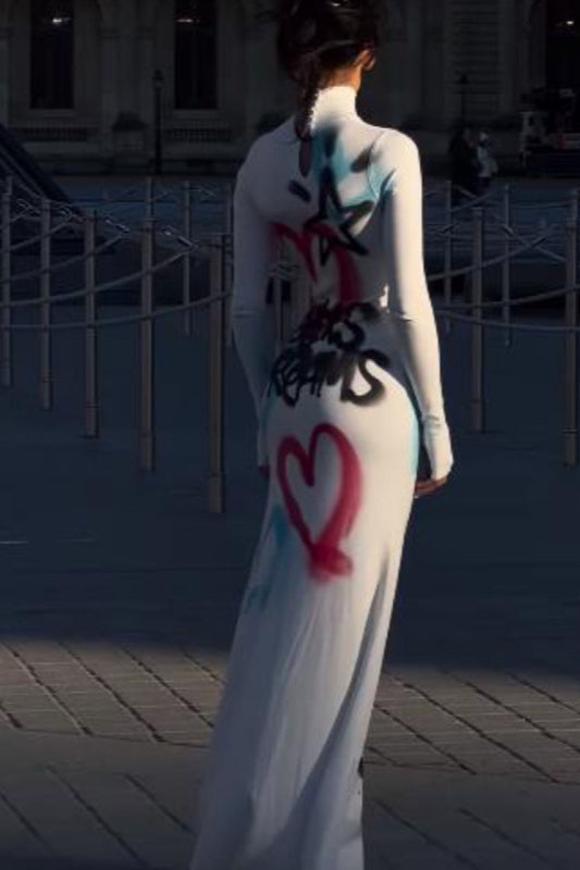 Sexy High Neck Graffiti Color Block Bodycon Maxi Dress
