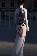 Sexy High Neck Graffiti Color Block Bodycon Maxi Dress