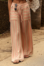 Beach Style Striped Drawstring Wide Leg Pants