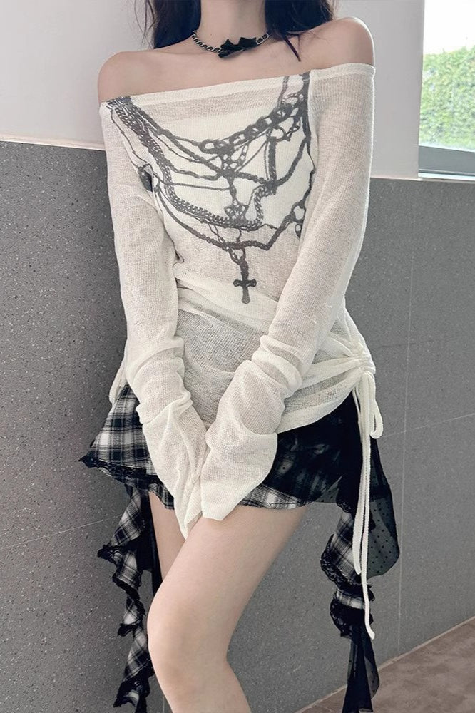 Y2K Off-Shoulder Mesh T-Shirt