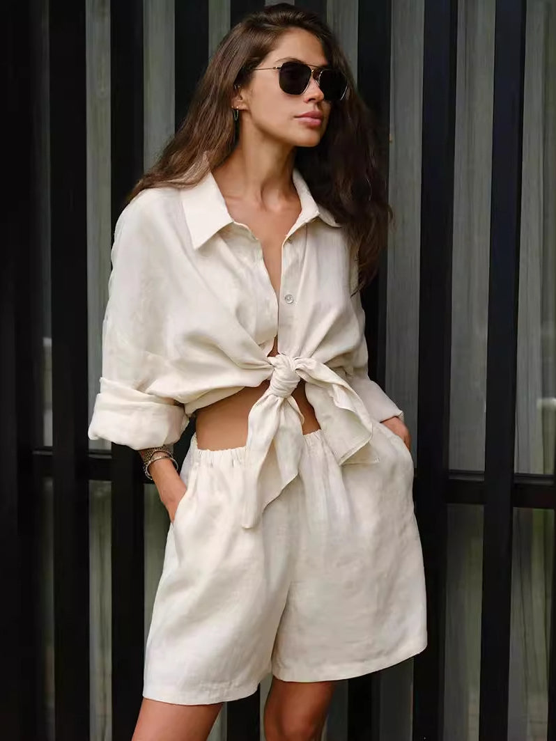 Long Sleeve Shirt Shorts Set Blouse