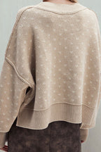 Heart Print Loose Fit Cropped Knit Sweater