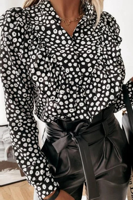 Leopard Dot Print Ruffle Blouse