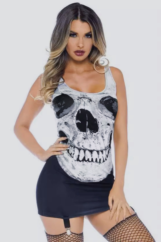 Sleeveless U-Neck Skull Print Mini Dress
