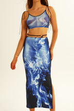 Flame Print Cami Top Hollow Bodycon Skirt Two Pieces Set