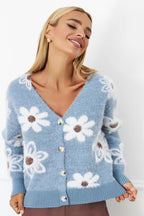 Floral V-Neck Knit Long Sleeves Cardigan