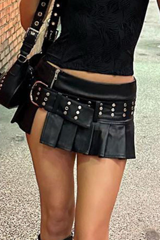 Rivet Belt Slit PU Mini Skirt
