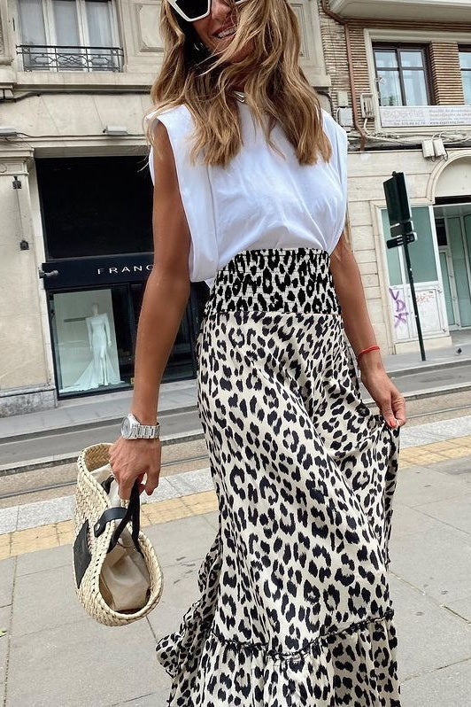 Leopard Print Flowy Midi Skirt