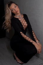 Sexy Lace-Up Cutout Black Long Sleeve Bodycon Maxi Dress