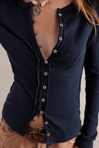 Solid Color Ribbed Buttoned Round Neck Cardigan