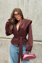 Vintage Wine Red Suede Tie-Waist V-Neck Coat