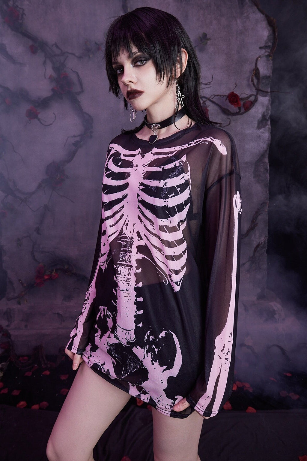 Dark Style Skull Print Mesh Knit Top