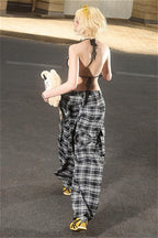 Vintage Plaid Wide Leg Cargo Pants