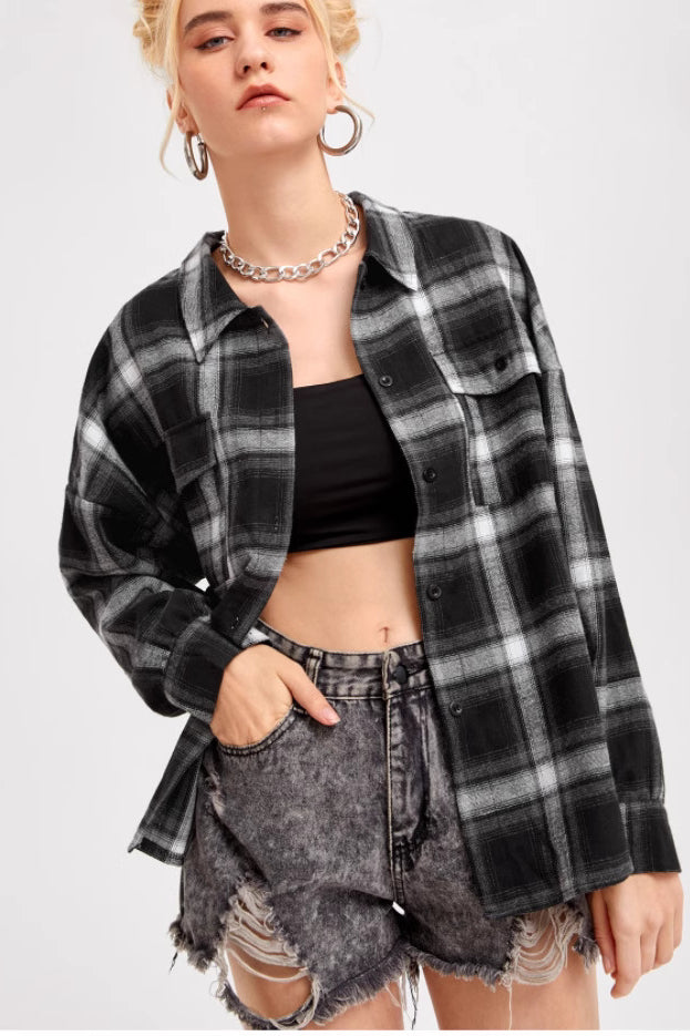 Plaid Stand Collar Button Shirt  Blouse
