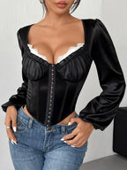 Vintage Lace and Mesh Corset Long Sleeve Blouse