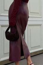 High-Waist Faux Leather Bodycon Skirt with Slit Skirt